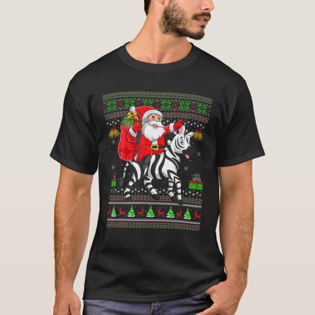 Camiseta Ugly Xmas Engraçado Papai Noel Andando Zebra no Na (Frente)