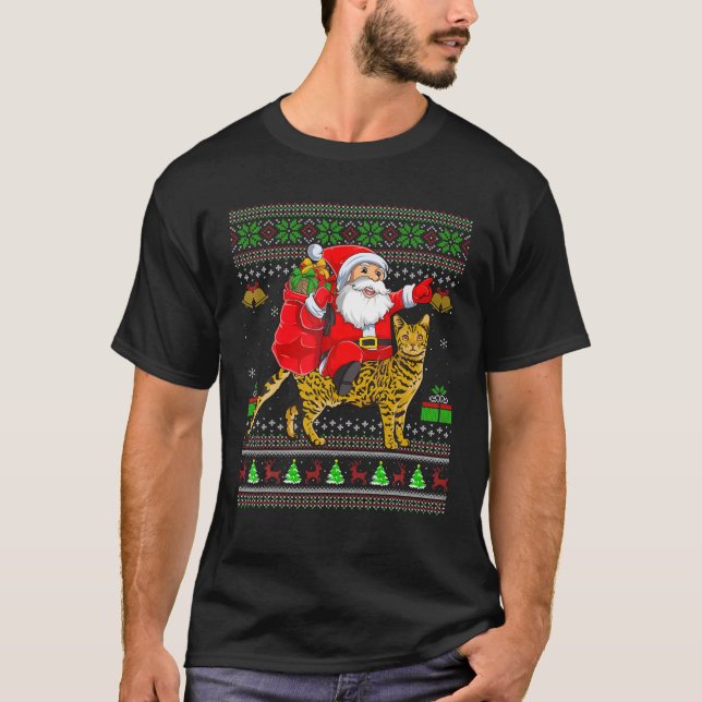 Camiseta Ugly Xmas Funny Santa Claus Andando Bengal Cat Chr (Frente)
