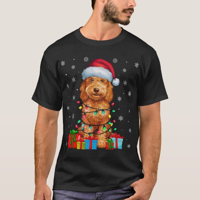 Camiseta Ugly Xmas Lights Santa Hat Goldendoodle Cristo (Frente)