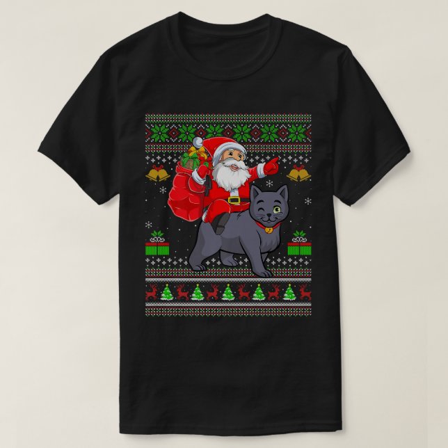 Camiseta Ugly Xmas Santa Claus Andando Russo Blue Cat Chri (Frente do Design)