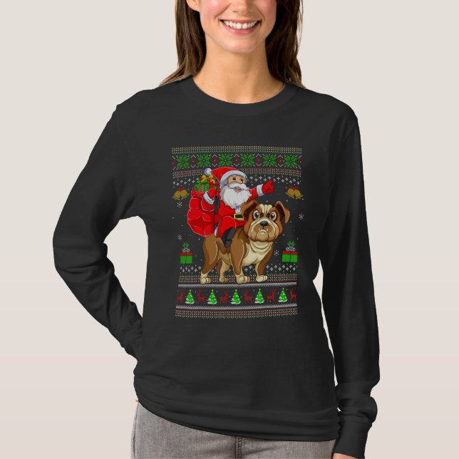 Camiseta Ugly Xmas Santa Riding Bulldog Christmas (Frente)