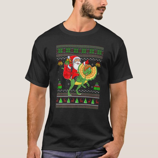 Camiseta Ugly Xmas Santa Riding Dilophosaurus Dinosaur Chri (Frente)