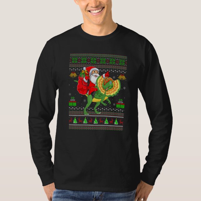 Camiseta Ugly Xmas Santa Riding Dilophosaurus Dinosaur Chri (Frente)