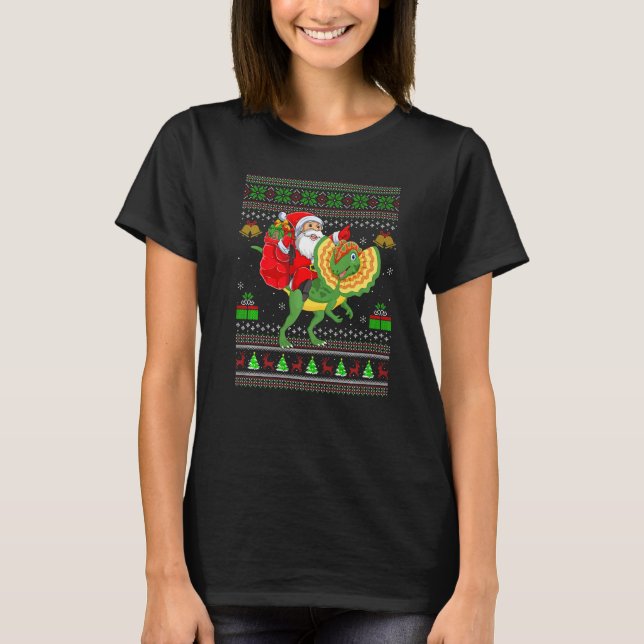 Camiseta Ugly Xmas Santa Riding Dilophosaurus Dinosaur Chri (Frente)