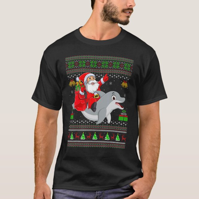Camiseta Ugly Xmas Santa Riding Dolphin Fish Christmas (Frente)
