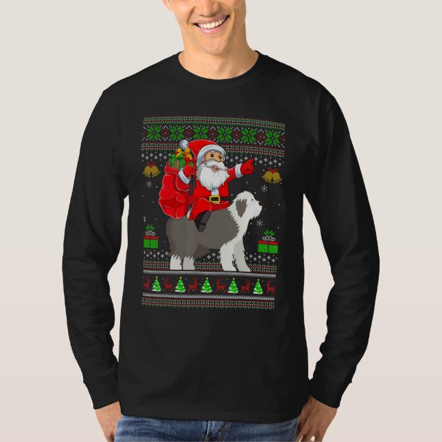 Camiseta Ugly Xmas Santa Riding English Sheepdog Christmas (Frente)