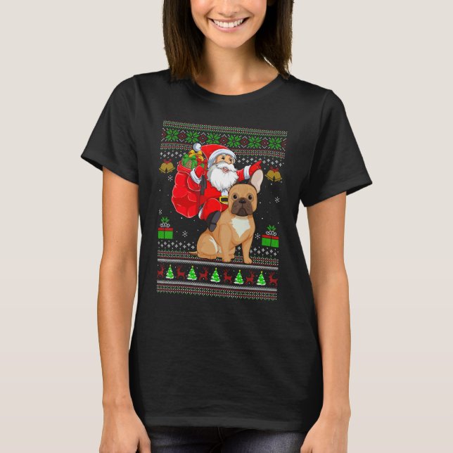 Camiseta Ugly Xmas Santa Riding French Bulldog Christmas (Frente)
