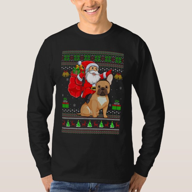 Camiseta Ugly Xmas Santa Riding French Bulldog Christmas (Frente)