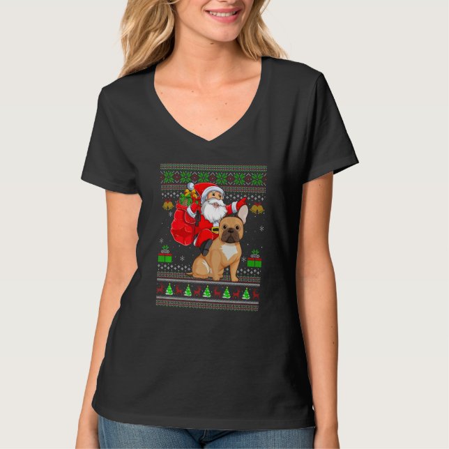 Camiseta Ugly Xmas Santa Riding French Bulldog Christmas (Frente)