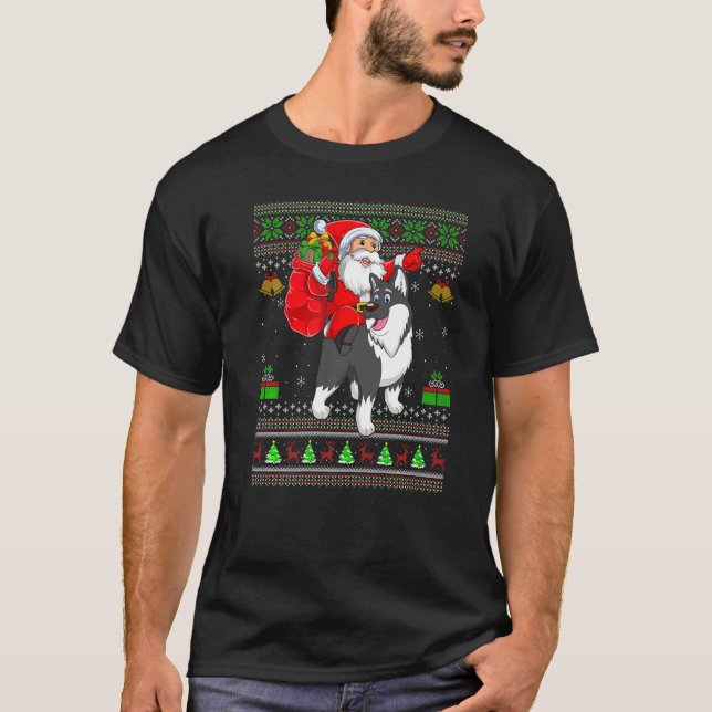 Camiseta Ugly Xmas Santa Riding Malamute Dog Christmas (Frente)