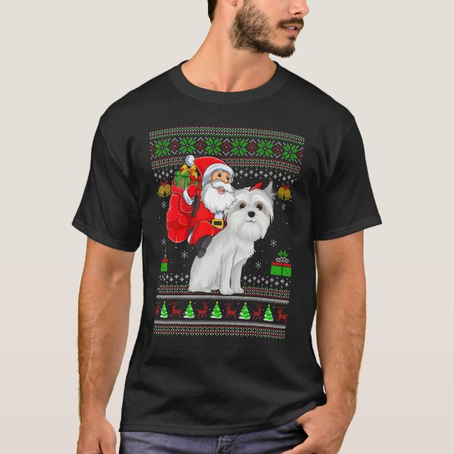 Camiseta Ugly Xmas Santa Riding Maltese Dog Christmas (Frente)