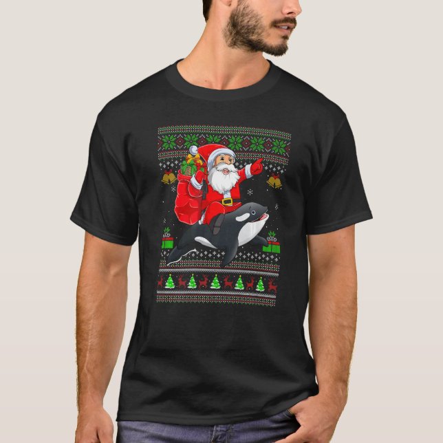 Camiseta Ugly Xmas Santa Riding Orca Fish Christmas (Frente)