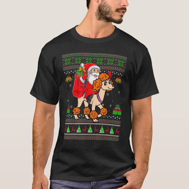 Camiseta Ugly Xmas Santa Riding Standard Poodle Dog Christm (Frente)