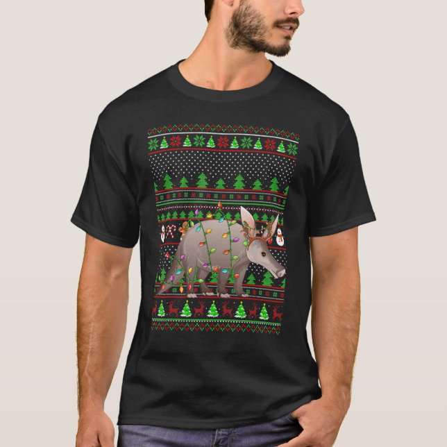 Camiseta Ugly Xmas Sweater Style Lighting Aardvark Christma (Frente)