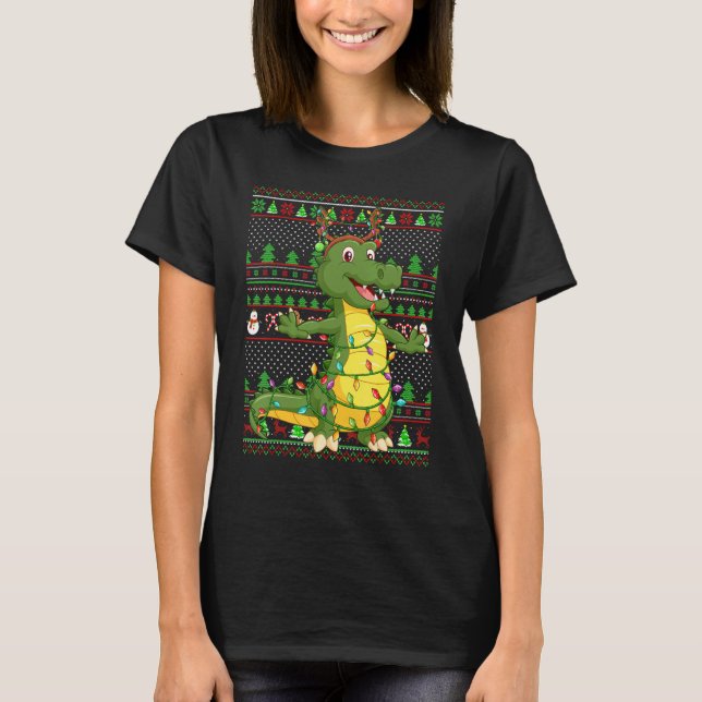 Camiseta Ugly Xmas Sweater Style Lighting Alligator Christm (Frente)