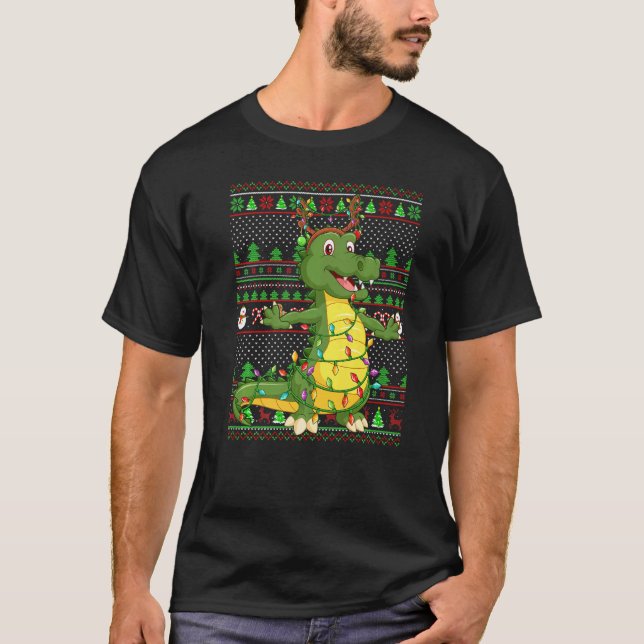 Camiseta Ugly Xmas Sweater Style Lighting Alligator Christm (Frente)