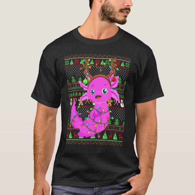 Camiseta Ugly Xmas Sweater Style Lighting Axolotl Christmas (Frente)