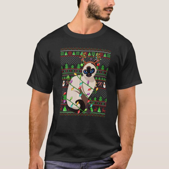 Camiseta Ugly Xmas Sweater Style Lighting Balinese Cat Chri (Frente)