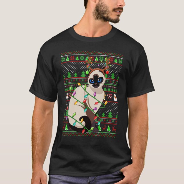 Camiseta Ugly Xmas Sweater Style Lighting Balinese Cat Chri (Frente)