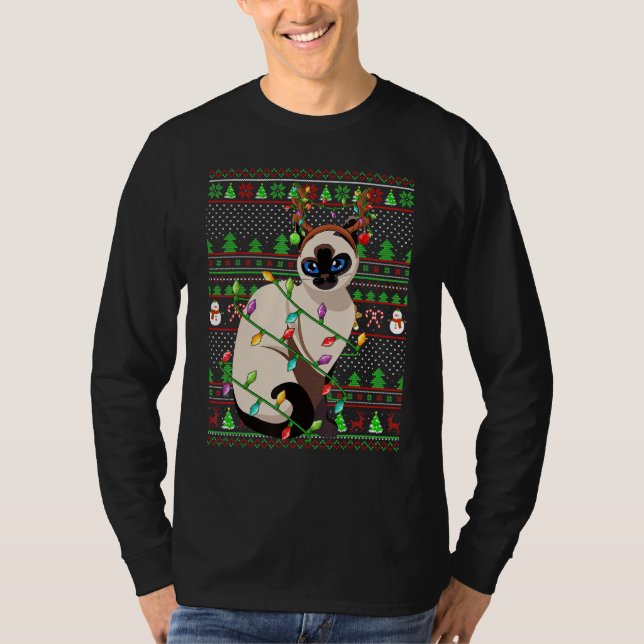 Camiseta Ugly Xmas Sweater Style Lighting Balinese Cat Chri (Frente)