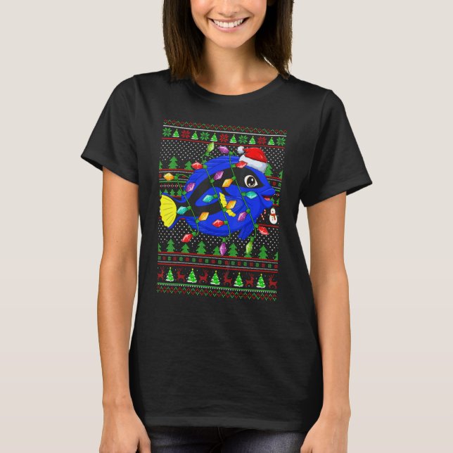 Camiseta Ugly Xmas Sweater Style Lighting Blue Tang Fish Ch (Frente)
