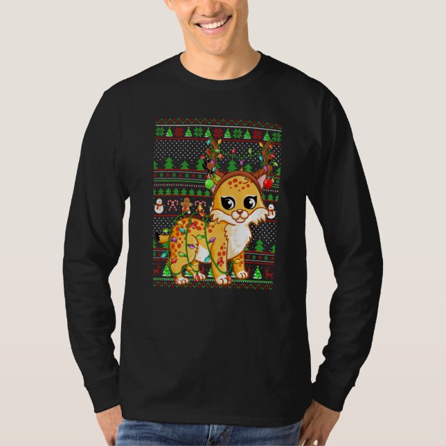 Camiseta Ugly Xmas Sweater Style Lighting Bobcat Christmas (Frente)