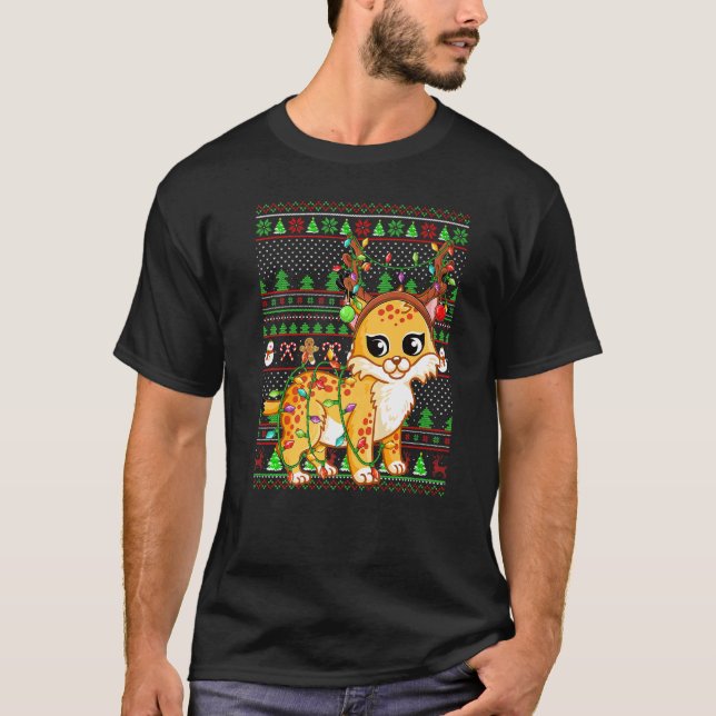 Camiseta Ugly Xmas Sweater Style Lighting Bobcat Christmas (Frente)