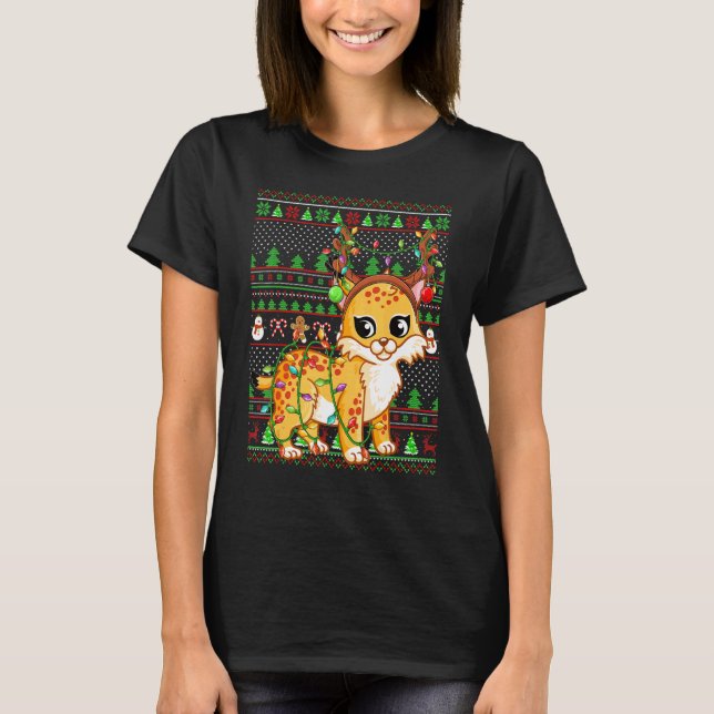 Camiseta Ugly Xmas Sweater Style Lighting Bobcat Christmas (Frente)