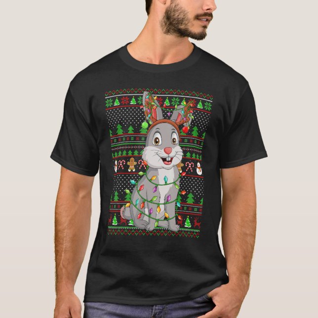Camiseta Ugly Xmas Sweater Style Lighting Bunny Christmas (Frente)