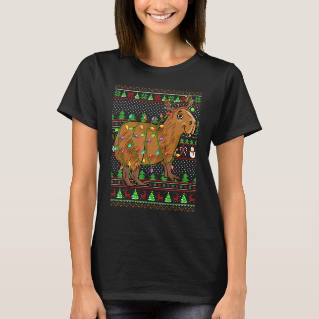 Camiseta Ugly Xmas Sweater Style Lighting Capybara Christma (Frente)