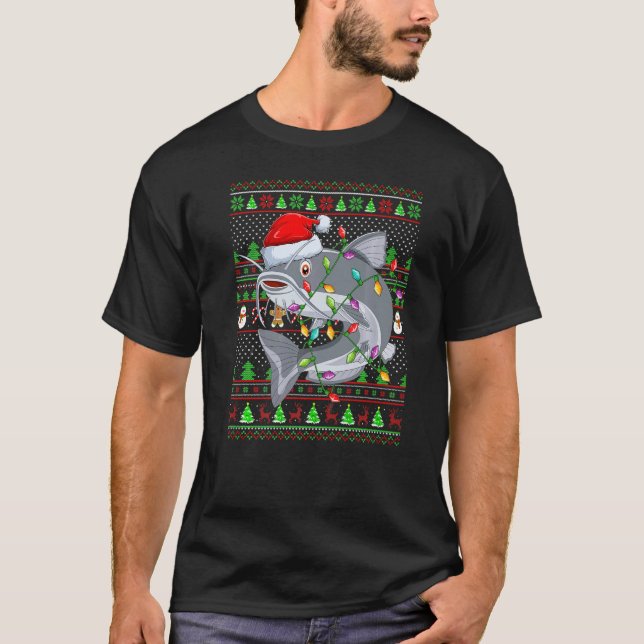 Camiseta Ugly Xmas Sweater Style Lighting Catfish Christmas (Frente)