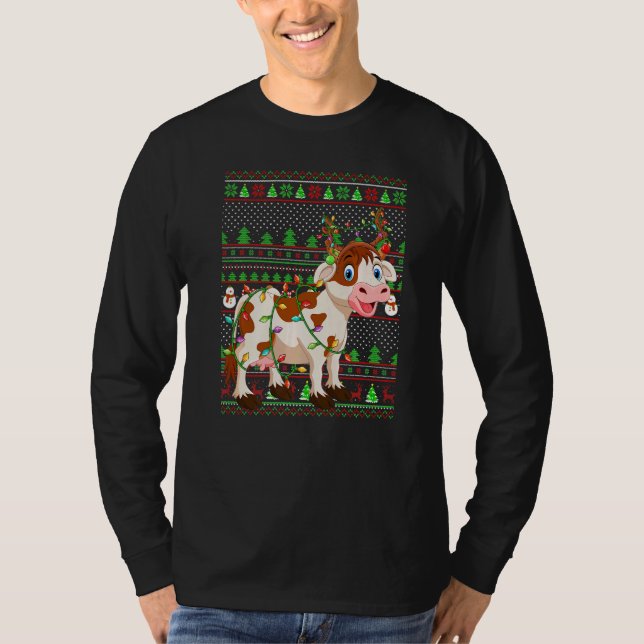 Camiseta Ugly Xmas Sweater Style Lighting Cattle Christmas  (Frente)