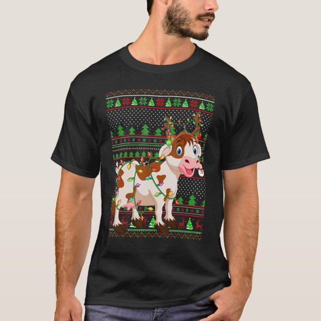 Camiseta Ugly Xmas Sweater Style Lighting Cattle Christmas (Frente)