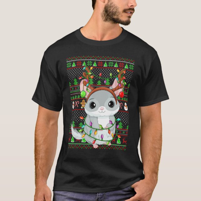 Camiseta Ugly Xmas Sweater Style Lighting Chinchilla Christ (Frente)