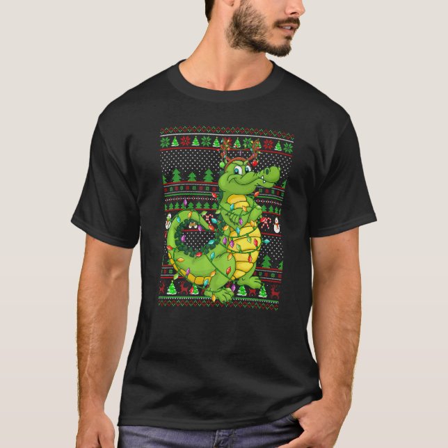 Camiseta Ugly Xmas Sweater Style Lighting Crocodile Christm (Frente)