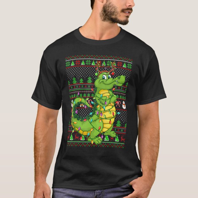 Camiseta Ugly Xmas Sweater Style Lighting Crocodile Christm (Frente)