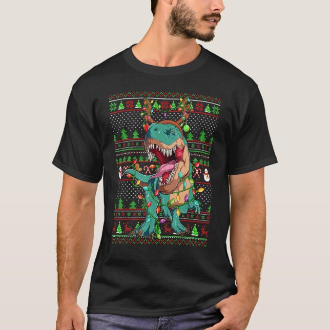 Camiseta Ugly Xmas Sweater Style Lighting Dinosaur Christma (Frente)