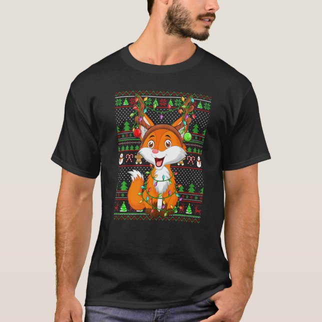Camiseta Ugly Xmas Sweater Style Lighting Fox Christmas (Frente)