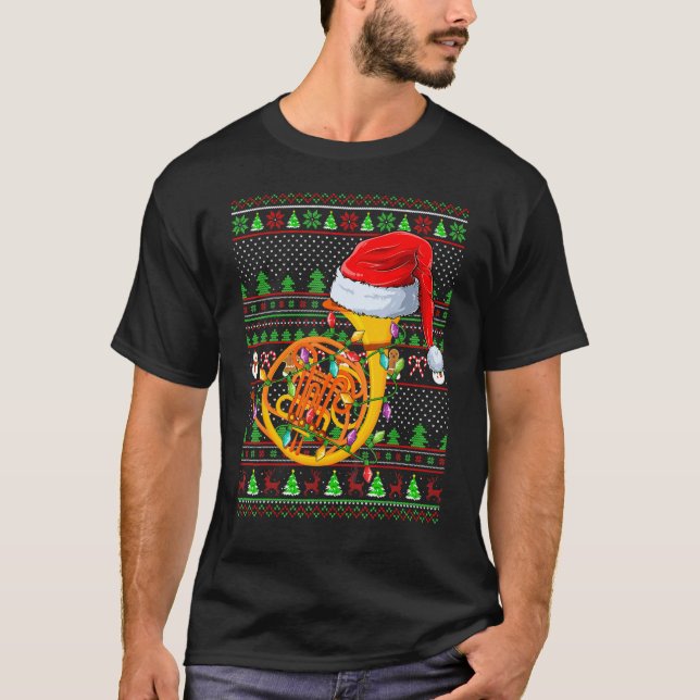 Camiseta Ugly Xmas Sweater Style Lighting French Horn Chris (Frente)
