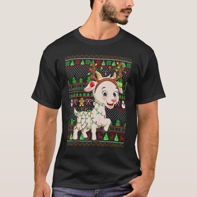 Camiseta Ugly Xmas Sweater Style Lighting Goat Christmas (Frente)