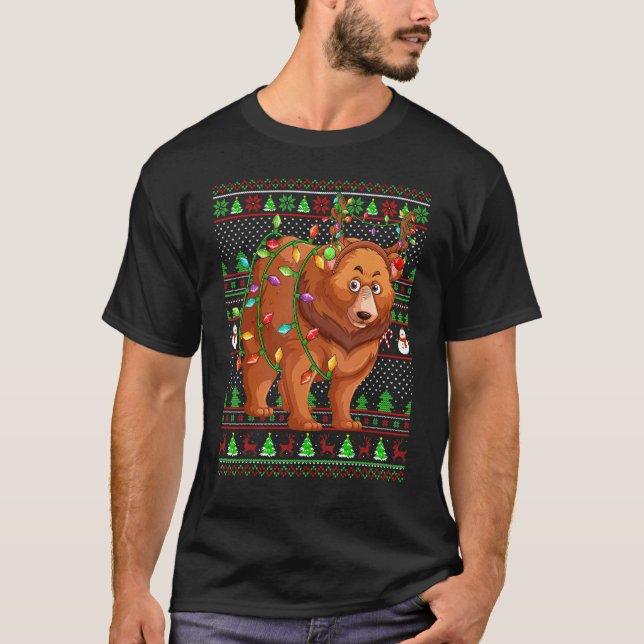 Camiseta Ugly Xmas Sweater Style Lighting Grizzly Bear Chri (Frente)