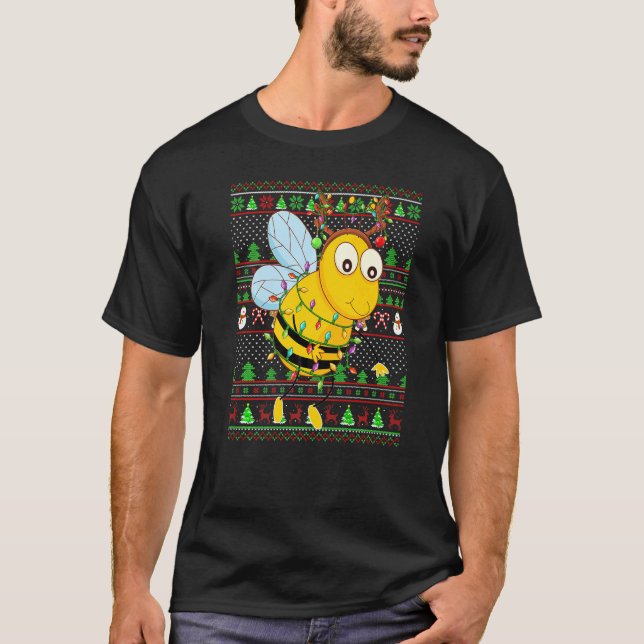 Camiseta Ugly Xmas Sweater Style Lighting Honeybee Christma (Frente)