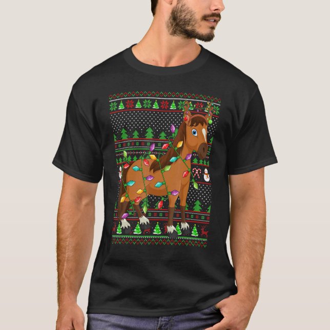 Camiseta Ugly Xmas Sweater Style Lighting Horse Christmas (Frente)