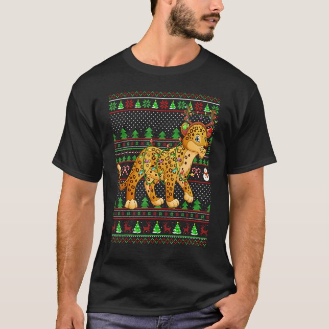 Camiseta Ugly Xmas Sweater Style Lighting Leopard Christmas (Frente)