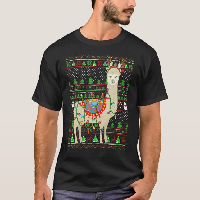 Camiseta Ugly Xmas Sweater Style Lighting Llama Christmas (Frente)