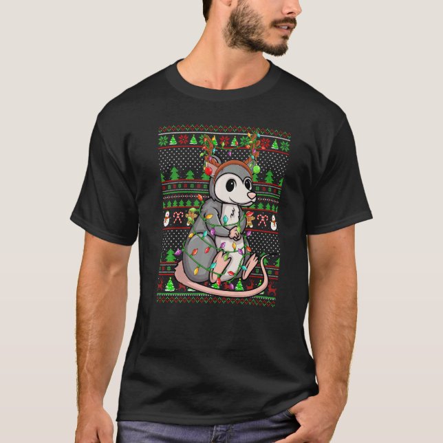 Camiseta Ugly Xmas Sweater Style Lighting Opossum Christmas (Frente)