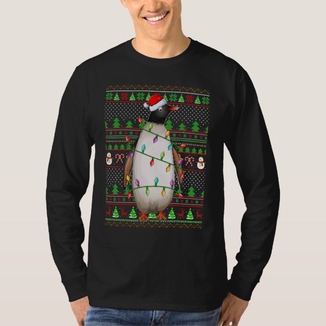 Camiseta Ugly Xmas Sweater Style Lighting Penguin Bird Chri (Frente)