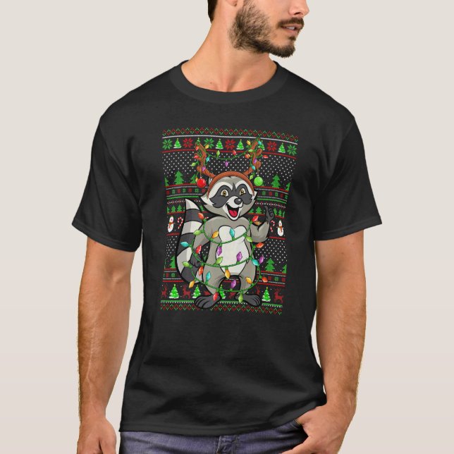 Camiseta Ugly Xmas Sweater Style Lighting Raccoon Christmas (Frente)