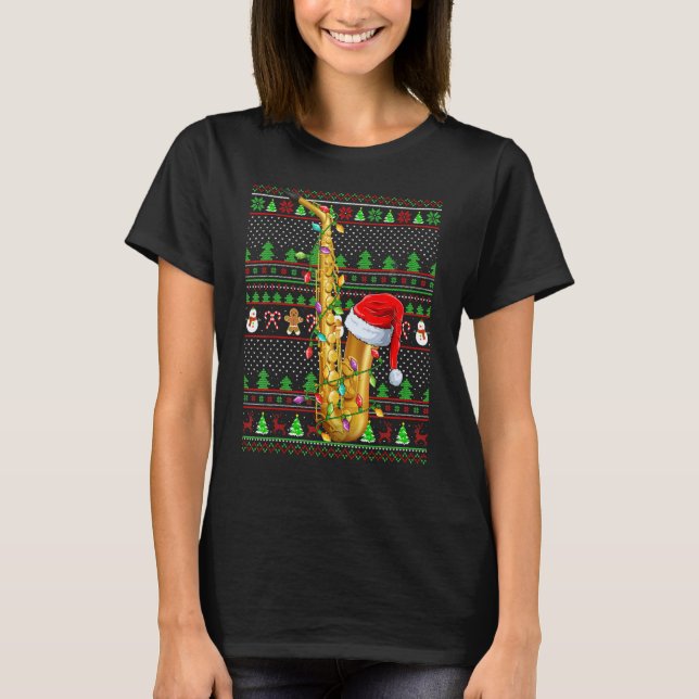 Camiseta Ugly Xmas Sweater Style Lighting Saxophone Christm (Frente)