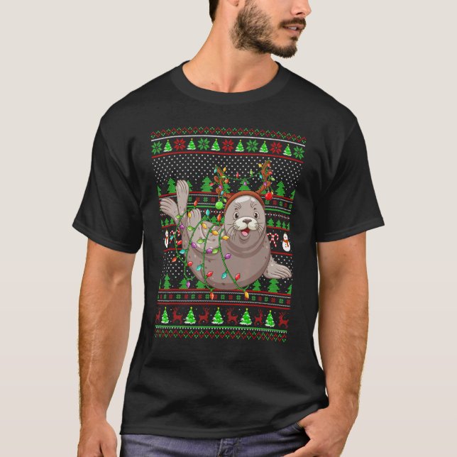 Camiseta Ugly Xmas Sweater Style Lighting Seals Christmas (Frente)